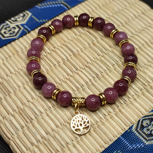 Bracelet lépidolite, bracelet pour le sommeil, pierre apaisante et anti-stress, arbre de vie doré