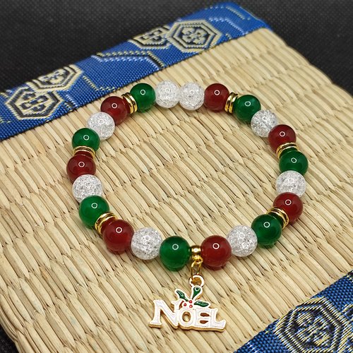 Bracelets de noël, cadeau, bracelets en jade verte, cornaline rouge et cristal craquelé, modèle noël