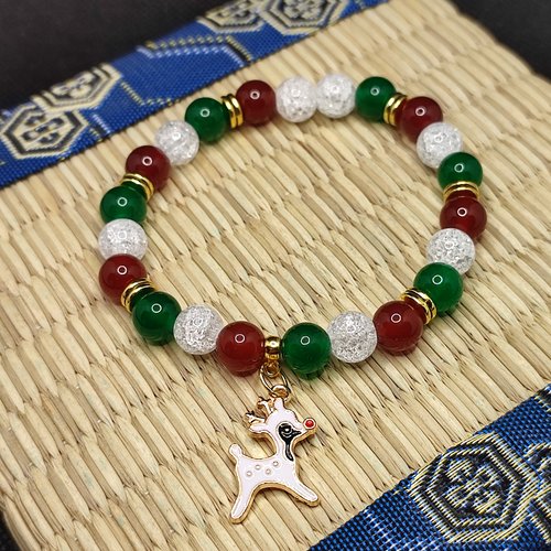 Bracelets de noël, cadeau de noël, bracelets en jade verte, cornaline rouge et cristal craquelé, modèle renne