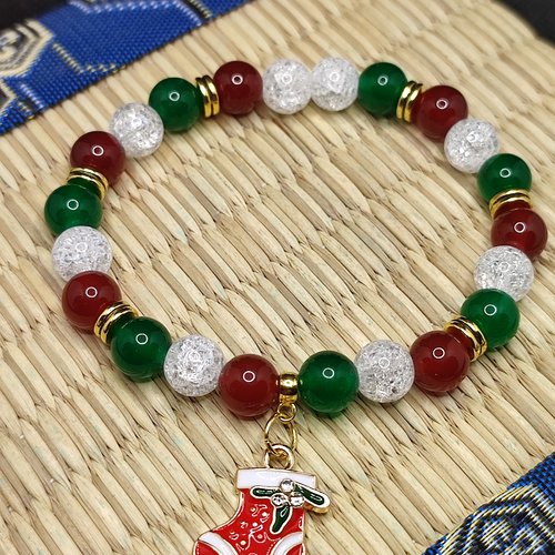 Bracelets de noël, cadeau de noël, bracelets en jade verte, cornaline rouge et cristal craquelé, modèle chausson