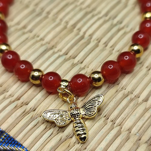Bracelet en cornaline rouge 6 mm, abeille