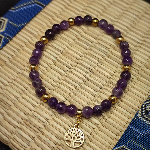 Bracelet améthyste en perles naturelles de 6 mm, pierre apaisante, arbre de vie
