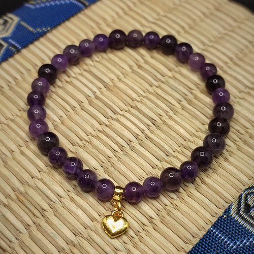 Bracelet améthyste en perles naturelles de 6 mm, pierre apaisante, coeur