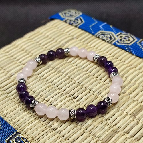 Bracelet améthyste et quartz rose contre les angoisses, le stress et aide au sommeil, modèle rond tibet, perles 6 mm