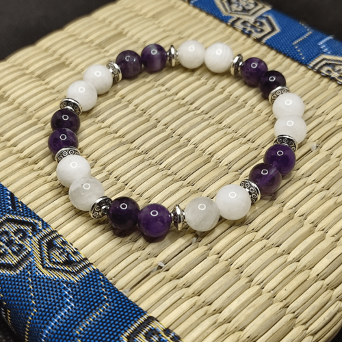 Bracelet en améthyste, pierre de lune, bracelet apaisant, pour hyper actif, modèle 2+2 perles 8 mm