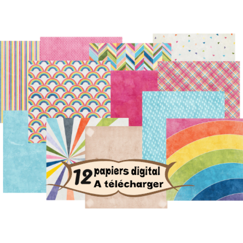 12 images page papier digital numérique à télécharger (rainbow1) 300 dpi pour scrap, origami,bijou cabochon
