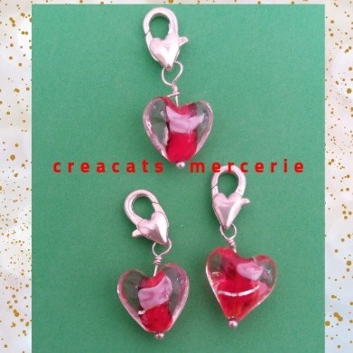 1 charm pendentif coeur perle verre lampwork rouge sur mousqueton argenté coeur