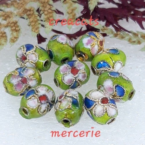 10 perles émail cloisonné ovale fleurs vert clair / multicolore