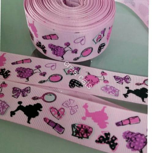 1 m ruban gros grain 25mm chien miroir noeud coeur rose noir