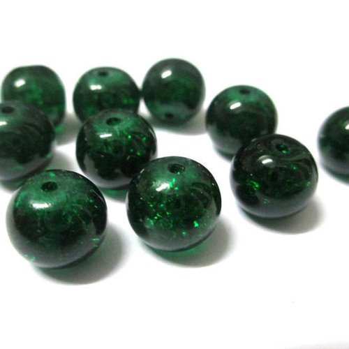 10 perles vert foncé en verre craquelé 10mm (s-7)