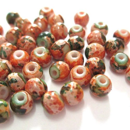 20 perles orange moucheté vert en verre peint 4mm (a-20)