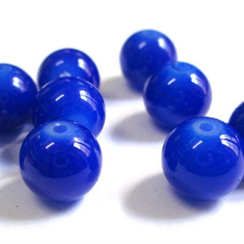 10 perles en verre imitation jade bleu foncé 10mm