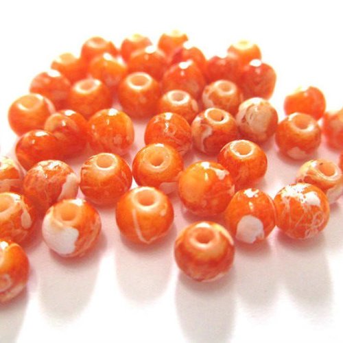 50 perles en verre orange tréfilées blanc 4mm (4pv71)