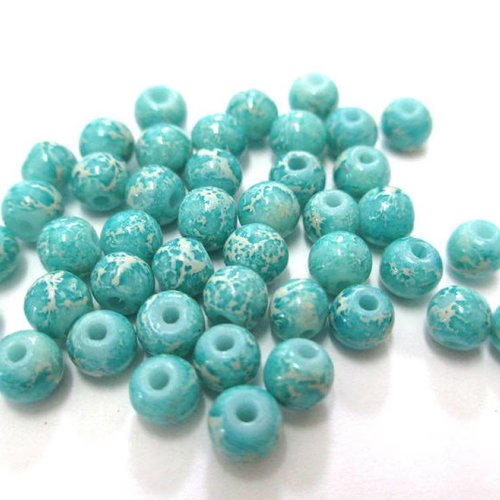 50 perles en verre bleu émeraude marbrées blanc 4mm (4pv81)