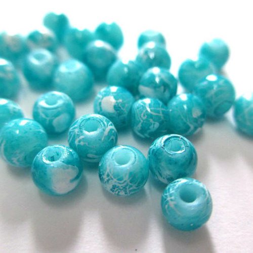 50 perles en verre bleu turquoise tréfilées blanc 4mm (4pv82)