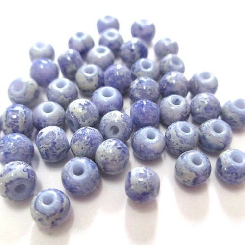 50 perles en verre bleu tréfilées blanc 4mm (4pv83)