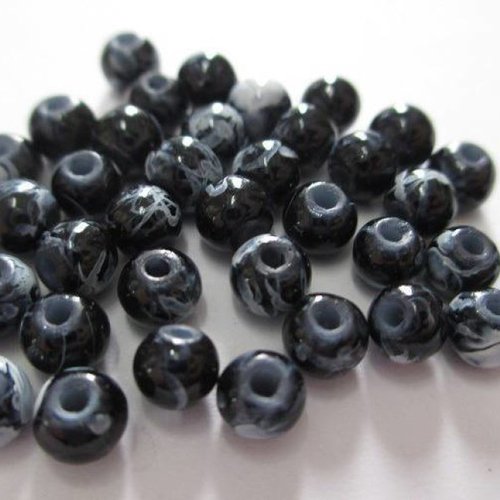 50 perles en verre noire tréfilées blanc 4mm (4pv84)