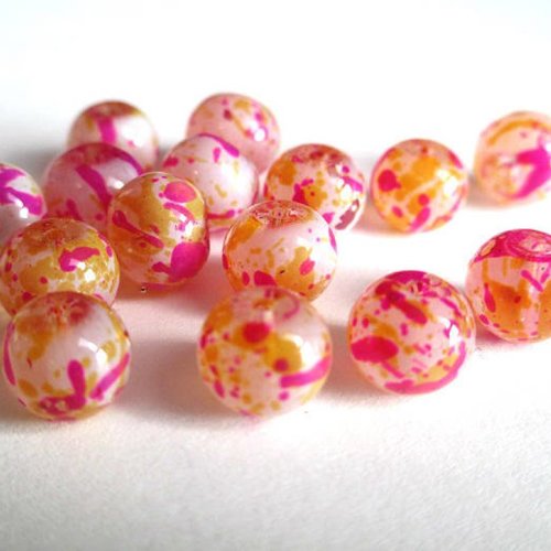 10 perles blanches moucheté rose et jaune en verre  8mm