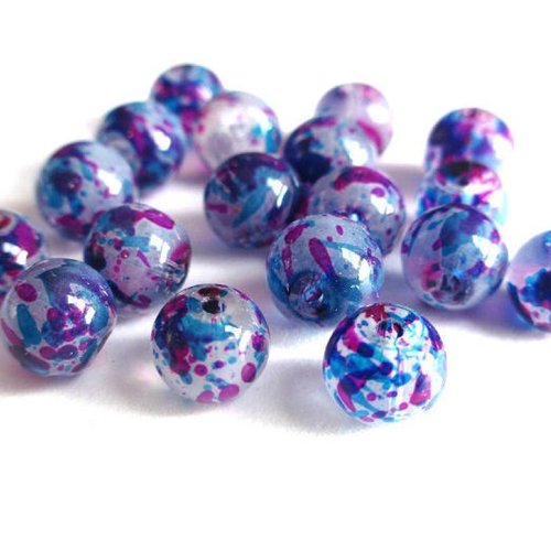 10 perles blanches mouchetées fuchsia et bleu en verre 8mm