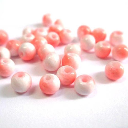 50 perles en verre bicolore corail et blanc 4mm (u-25)