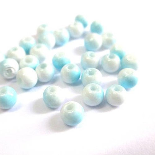 50 perles en verre bicolore bleu et blanc 4mm (u-22)