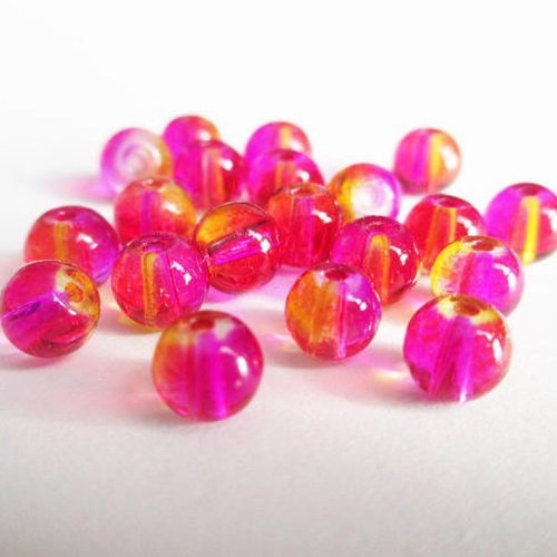 20 perles en verre fuchsia et jaune translucide 6mm