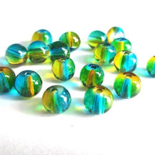 20 perles en verre jaune vert et bleu translucide 6mm