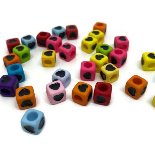 50 perles acryliques carré motif coeur mélange de couleur 8mm  (pa8-12)