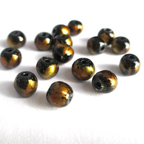 20 perles noir moucheté doré brillant en verre 6mm