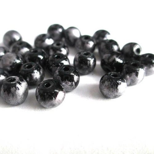 20 perles noir moucheté argenté brillant en verre 6mm