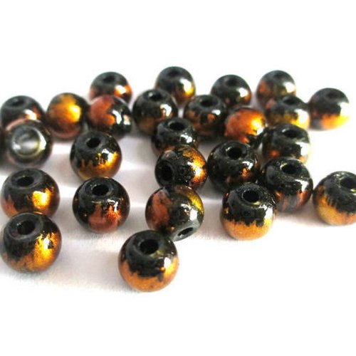 20 perles noir moucheté orangé brillant en verre 6mm