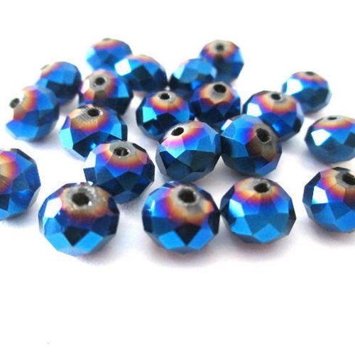 20 perles rondelle a facettes en verre electroplate couleur bleu 8x6mm