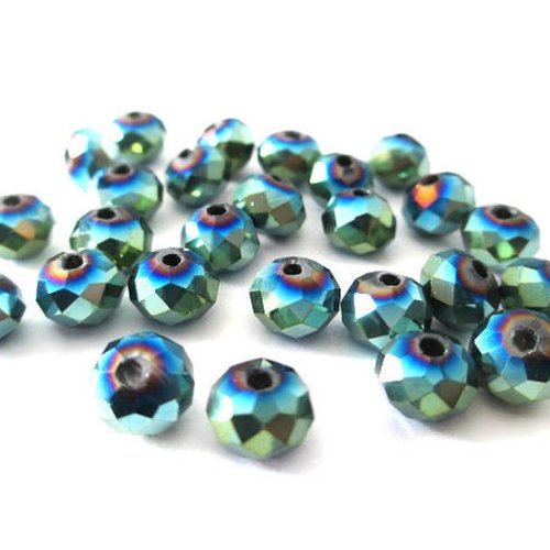 20 perles rondelle a facettes en verre electroplate couleur vert et bleu 8x6mm