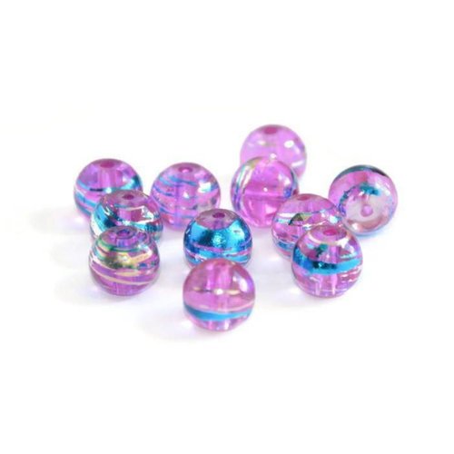10 perles en verre translucide rose tréfilées argenté et bleu  8mm
