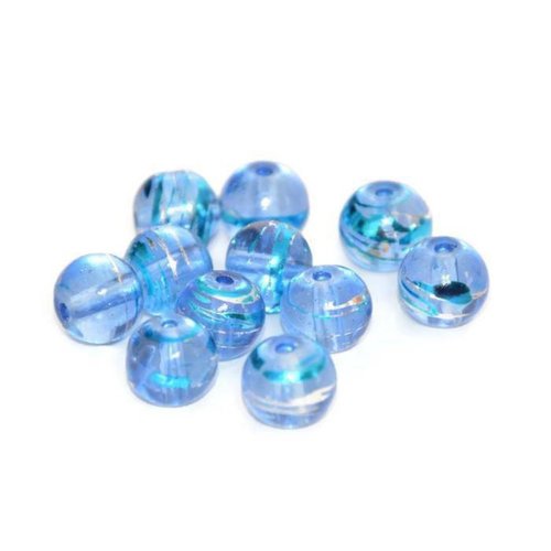 10 perles en verre translucide bleu tréfilées argenté et bleu 8mm