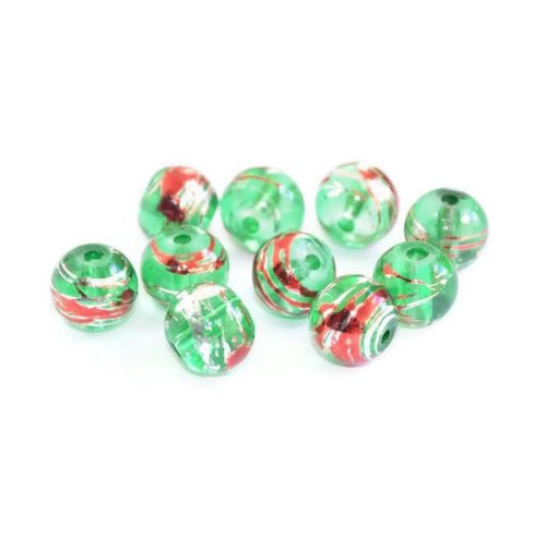10 perles en verre translucide vert tréfilées argenté et rouge 8mm