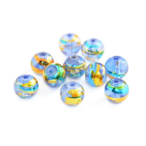 10 perles en verre translucide bleu tréfilées doré et bleu 8mm