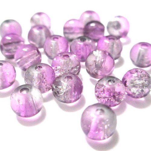 20 perles en verre craquelées mauve et blanc 6mm