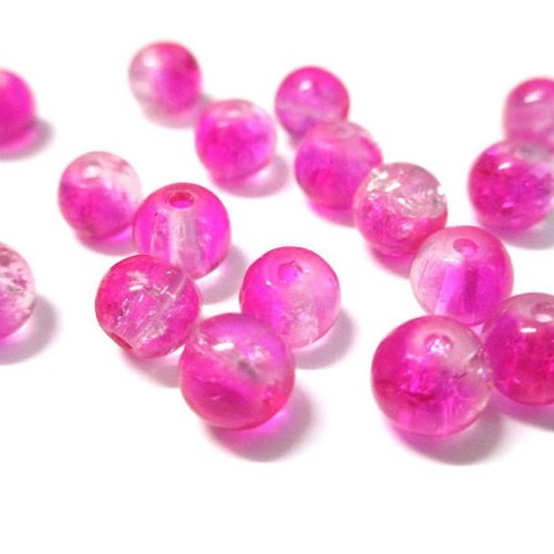 20 perles en verre craquelées fuchsia et blanc 6mm