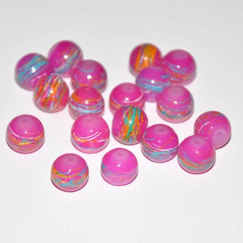10 perles fuchsia tréfilé multicolore en verre peint 10mm