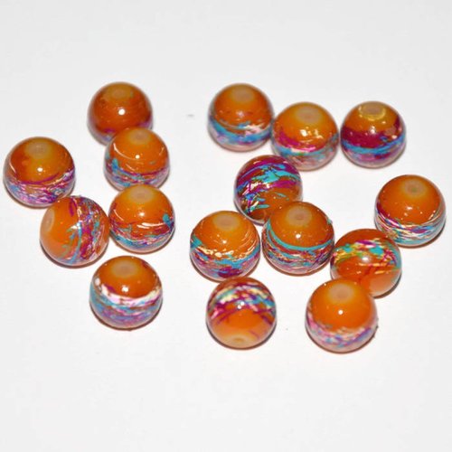 10 perles orange tréfilé multicolore en verre peint 10mm