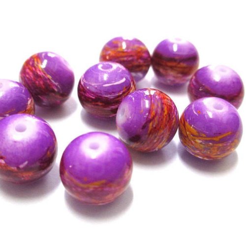 10 perles violet tréfilé multicolore en verre peint 10mm