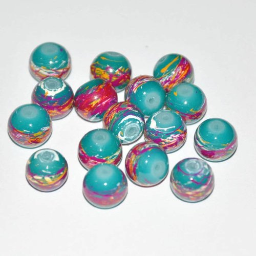 10 perles bleu tréfilé multicolore en verre peint 10mm