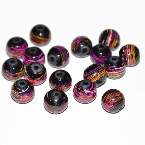 10 perles noir tréfilé multicolore en verre peint 10mm