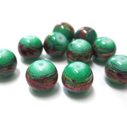 10 perles vert menthe tréfilé multicolore en verre peint 10mm