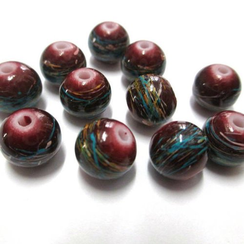 10 perles bordeaux tréfilé multicolore en verre peint 10mm