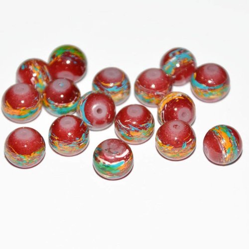10 perles rouge tréfilé multicolore en verre peint 10mm