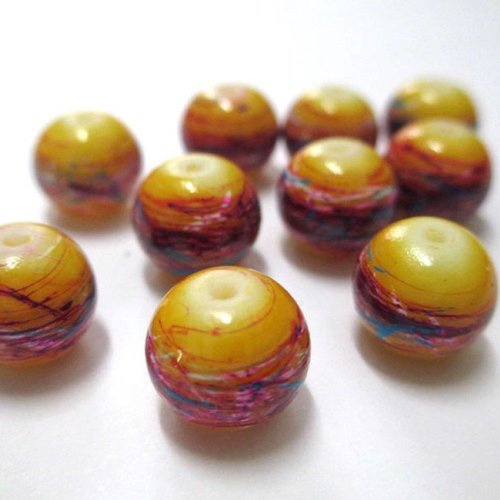 10 perles jaune tréfilé multicolore en verre peint 10mm