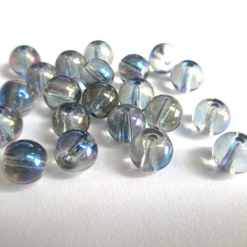 10 perles transparentes reflets gris bleu brillant en verre  8mm