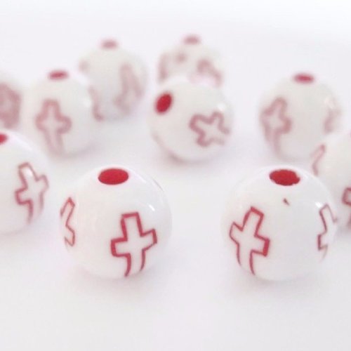 10 perles acrylique blanches motif croix rouge 8mm